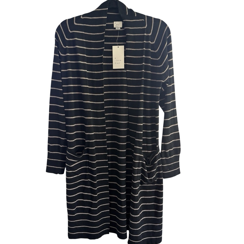 A New Day Women's Size XS Duster Cardigan Black/Taupe Striped